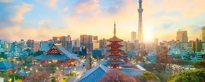 Tokyos skyline med templer og høye bygninger